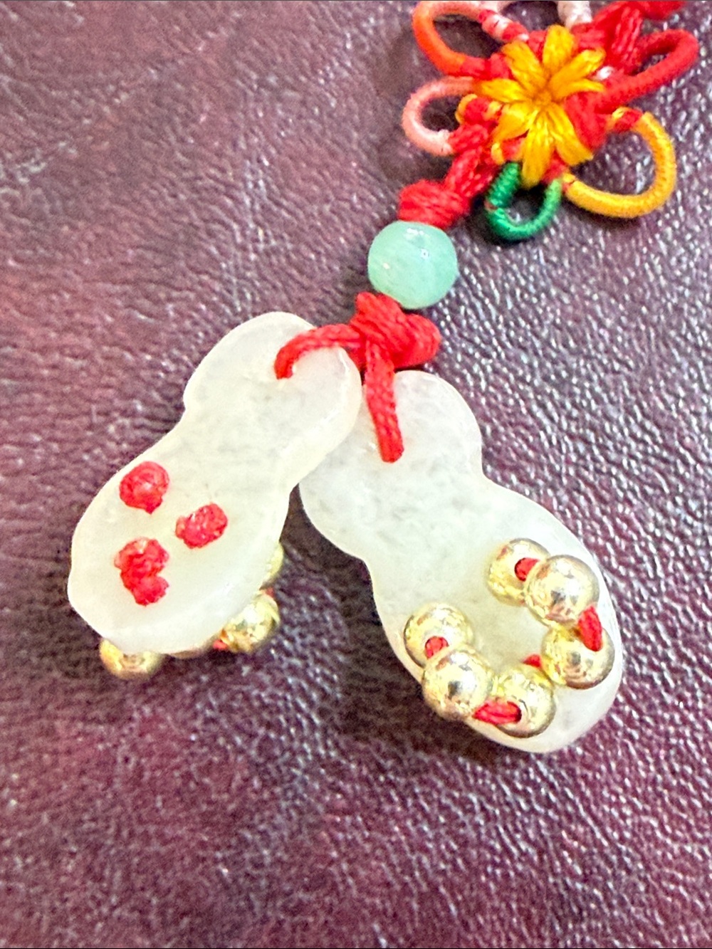 A Handmade Jade Flip Flop Sandals Charm with Red Cord